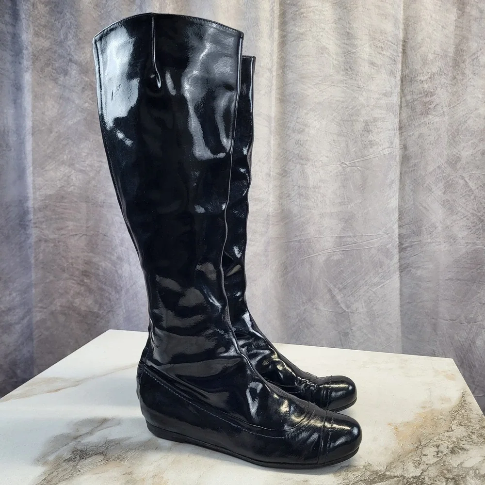 Lanvin Patent Leather Knee High Back Zip Boots Dark Blue Women's Size 6